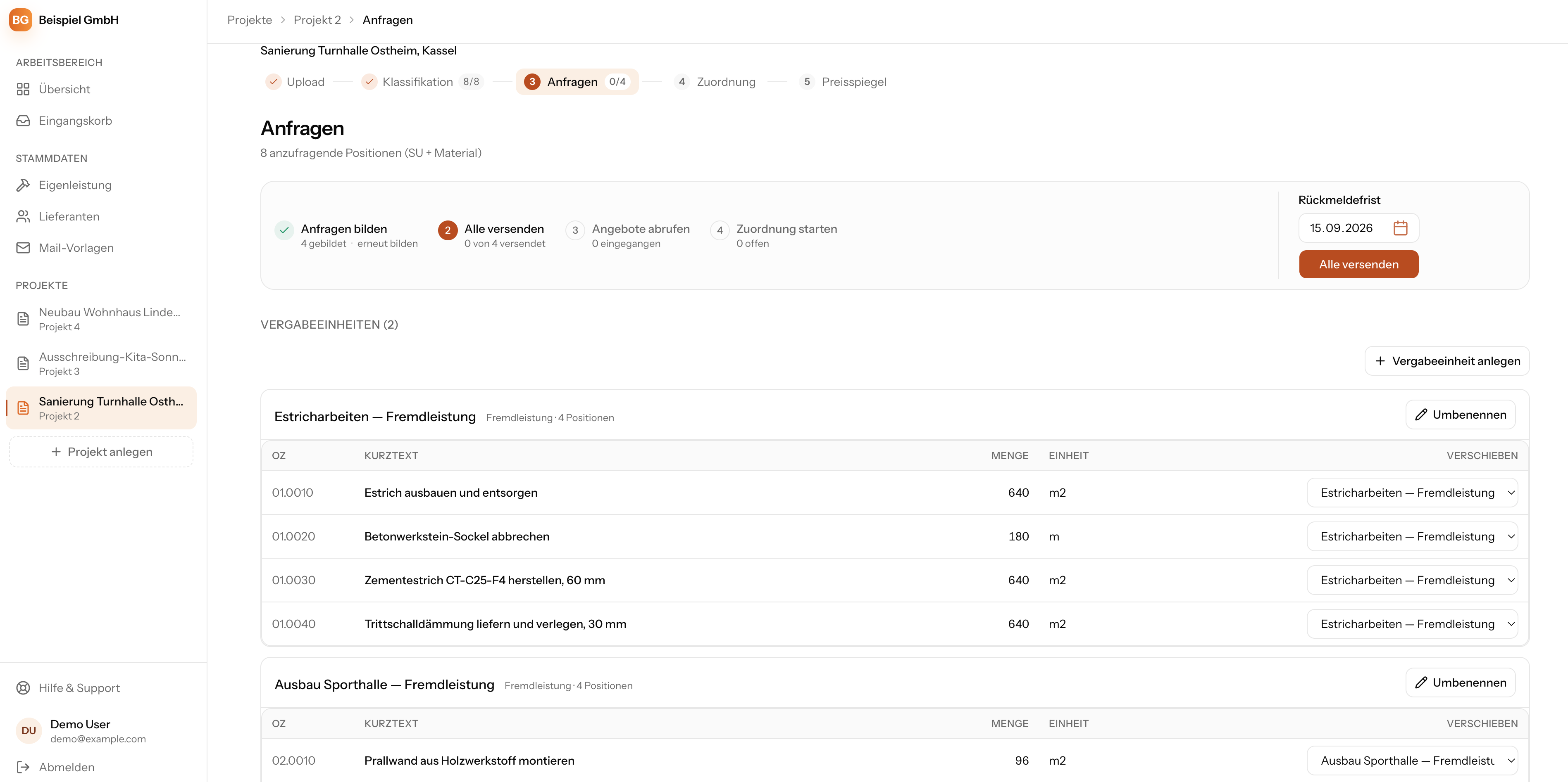 Softwareansicht zur Koordination von Anfragen und Vergabeeinheiten